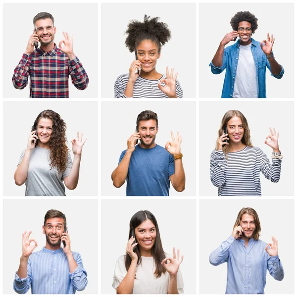 Collage Grupo Jóvenes Que Llaman Usando Teléfono Inteligente Sobre Fondo —  Fotos de Stock