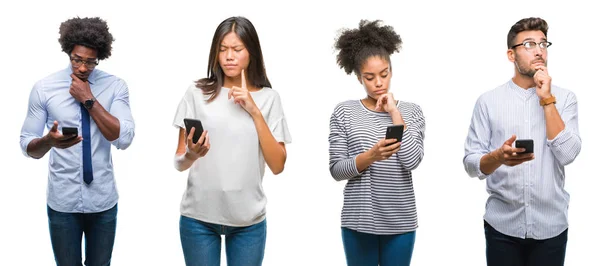 Colagem Pessoas Enviando Mensagens Texto Usando Smartphone Sobre Fundo Isolado — Fotografia de Stock