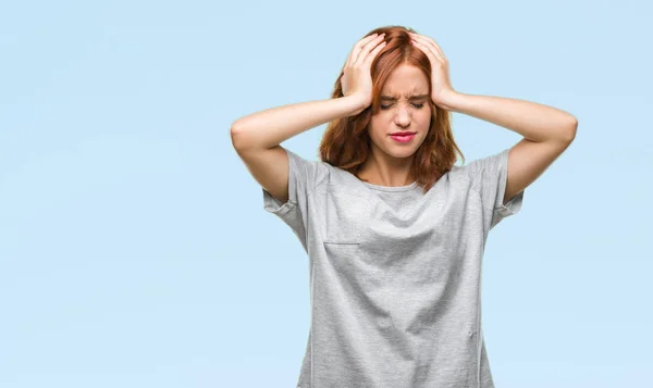 Jonge Mooie Vrouw Geïsoleerde Achtergrond Die Lijdt Aan Hoofdpijn Wanhopig — Stockfoto