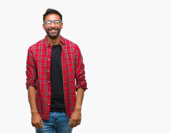 Vuxen Spansktalande Man Bär Glasögon Över Isolerade Bakgrund Med Glad — Stockfoto