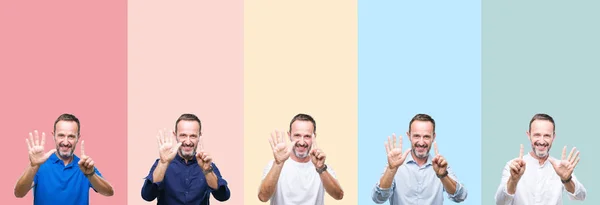 Kolaj Gösterilen Parmakları Ile Işaret Renkli Çizgili Izole Arka Plan — Stok fotoğraf