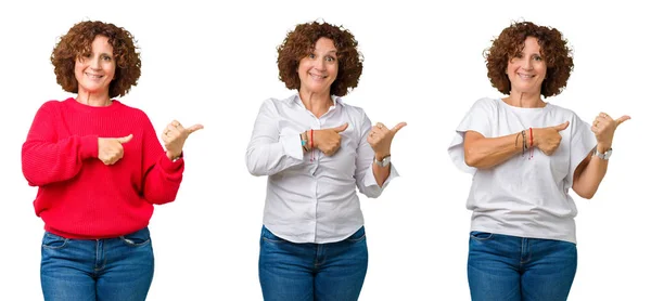 分離された白で中年年配の女性のコラージュ自信の笑みを浮かべて手と親指 裏側にポインティングを背景 — ストック写真