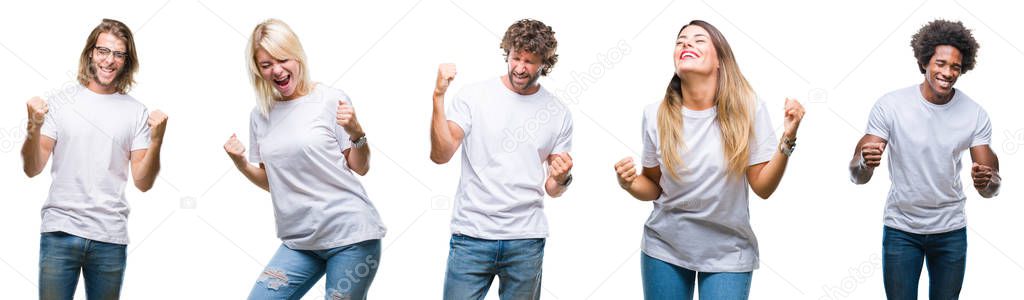 Collage of group of people wearing casual white t-shirt over isolated background very happy and excited doing winner gesture with arms raised, smiling and screaming for success. Celebration concept.