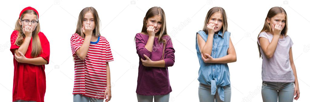 Collage of young beautiful little girl kid over isolated background looking stressed and nervous with hands on mouth biting nails. Anxiety problem.