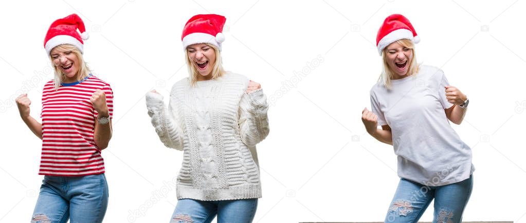Collage of beautiful blonde woman wearing christmas hat over isolated background very happy and excited doing winner gesture with arms raised, smiling and screaming for success. Celebration concept.