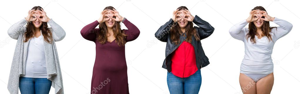 Collage of beautiful plus size woman over isolated background doing ok gesture like binoculars sticking tongue out, eyes looking through fingers. Crazy expression.
