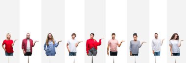 Farklı etnik genç insanlar neşeli sunulması ve kameraya bakarak avucunun ile işaret gülümseyen beyaz çizgili izole arka plan üzerinde kolaj.