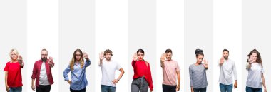 Kolaj farklı etnik genç insanlar üzerinde beyaz çizgili izole arka stop yapıyor bir avuç ile şarkı. Negatif ve ciddi bir jest yüz ifadesiyle uyarı.