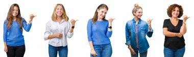 Seyir ve başparmak yanında yukarıyı mutlu yüz ile gülümseyen beyaz izole arka plan üzerinde güzel kadın grubu kolaj.