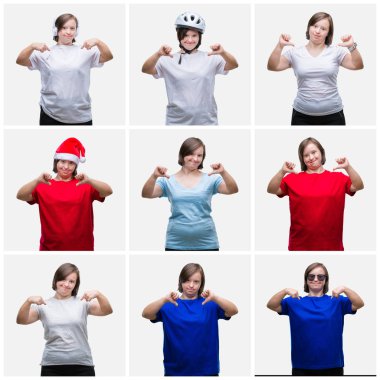 Collage of young woman with down syndrome over isolated background looking confident with smile on face, pointing oneself with fingers proud and happy. clipart