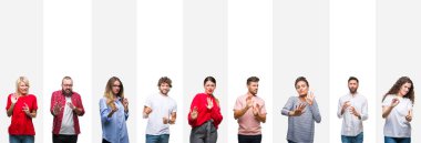 Kolaj farklı etnik genç insanlar beyaz çizgili izole arka plan üzerinde bir tiksinti ifadesi, memnun ve korkulu tiksinti yüz yapıyorsun çünkü nefret tepki. Elleriyle kaldırdı. Sinir bozucu kavramı.