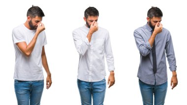 Kolaj yakışıklı genç Hintli gösterilen ve parmakları ile işaret izole arka plan üzerinde bir süre kendinden emin ve mutlu gülümseyerek dört numara.