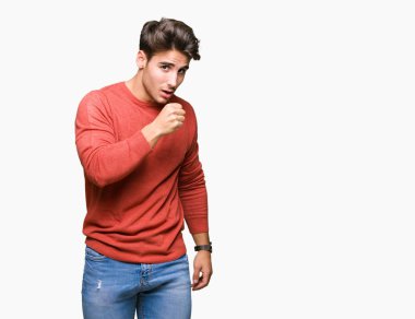 Yakışıklı delikanlı duygu hasta ve soğuk veya bronşit için semptom olarak öksürük izole arka plan üzerinde. Sağlık kavramı.