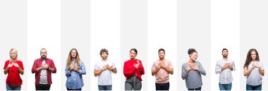 Farklı etnik genç insanlar üzerinde beyaz çizgili izole arka plan ile gülümseyen kolaj kapalı gözler ve yüzünde minnettar jest ile göğüs üzerinde eller. Sağlık kavramı.