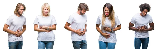 Collage Einer Gruppe Von Menschen Lässigem Weißem Shirt Vor Isoliertem — Stockfoto