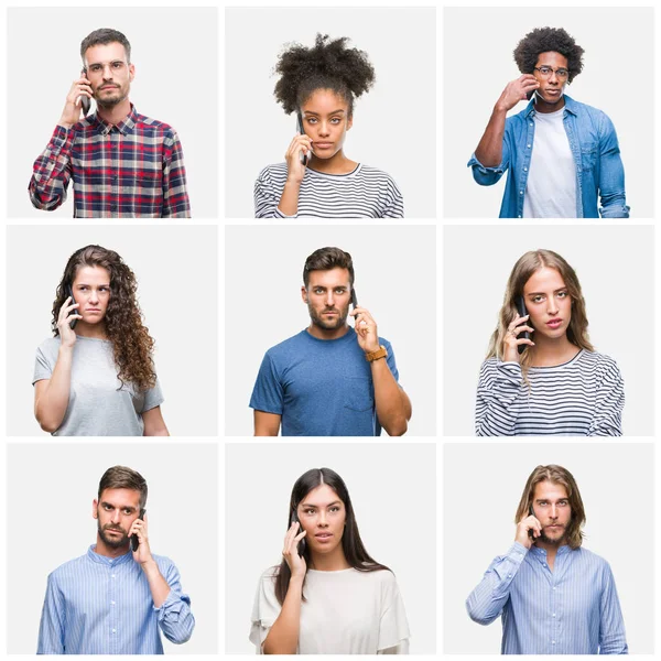 Collage of group of young people calling using smartphone over isolated background with a confident expression on smart face thinking serious