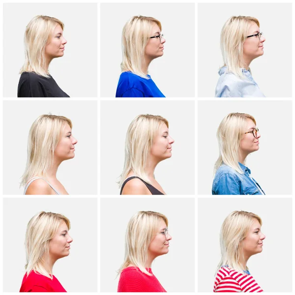 Collage Von Schönen Blonden Frau Trägt Verschiedene Lässige Blicke Über — Stockfoto