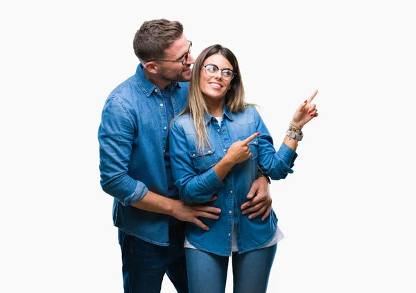 Young Couple Love Wearing Glasses Isolated Background Smiling Looking Camera — Stock Photo, Image