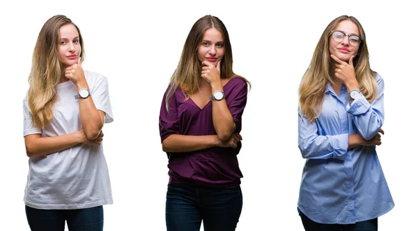 Collage Van Jonge Mooie Blonde Vrouw Geïsoleerde Achtergrond Zoek Vertrouwen — Stockfoto