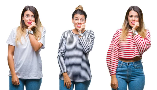 Collage Van Jonge Mooie Vrouw Geïsoleerde Achtergrond Zoek Gestresst Nerveus — Stockfoto