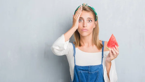Beautiful Young Woman Grunge Grey Wall Eating Water Melon Stressed — Stock Photo, Image