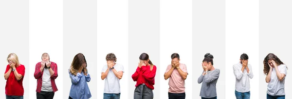 Collage Different Ethnics Young People White Stripes Isolated Background Sad — Stock Photo, Image