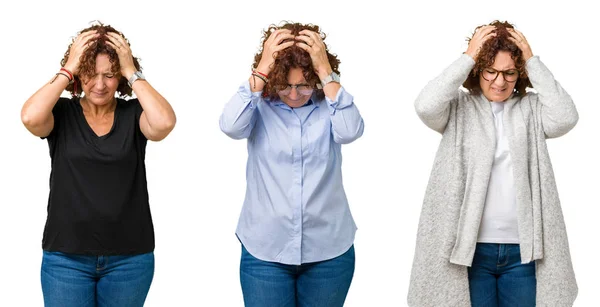 中年老年妇女的拼贴超过白色孤立的背景遭受头痛绝望和压力 因为疼痛和偏头痛 双手放在头上 — 图库照片