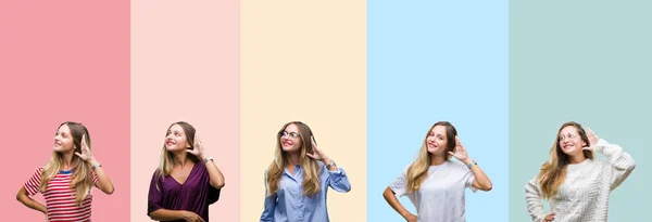 Collage Hermosa Mujer Joven Sobre Rayas Colores Fondo Aislado Sonriendo —  Fotos de Stock