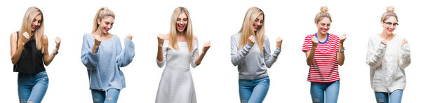 Collage of young beautiful blonde woman over isolated background very happy and excited doing winner gesture with arms raised, smiling and screaming for success. Celebration concept.