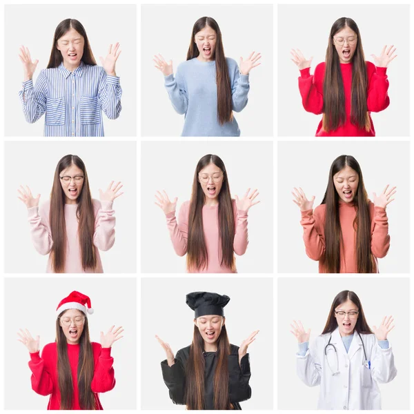 Collage of young doctor, chef asian woman isolated background celebrating mad and crazy for success with arms raised and closed eyes screaming excited. Winner concept