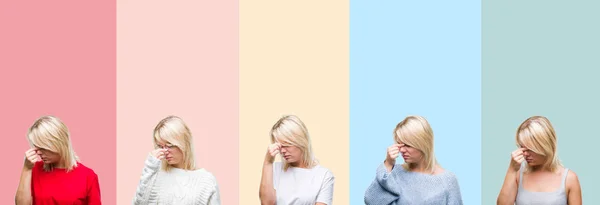 Collage Vacker Blond Kvinna Över Färgglada Ränder Isolerade Bakgrund Trött — Stockfoto