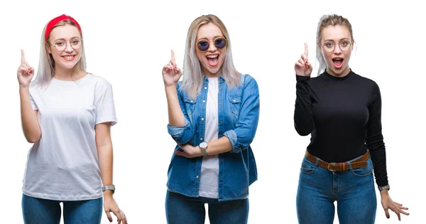 Коллаж Красивой Блондинкой Молодой Женщины Очках Изолированном Фоне Указывая Пальцем — стоковое фото