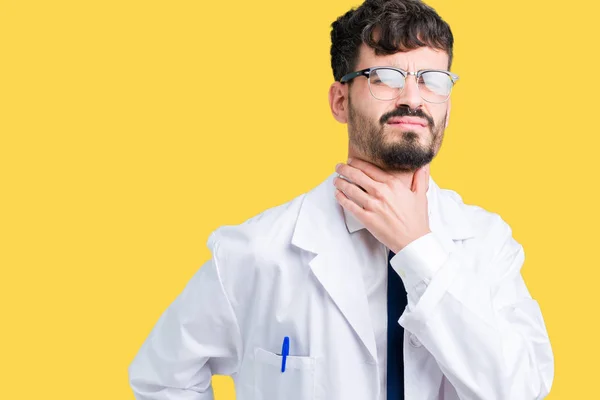 Young Professional Scientist Man Wearing White Coat Isolated Background Touching — Stock Photo, Image