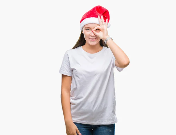 Joven Hermosa Mujer Caucásica Con Sombrero Navidad Sobre Fondo Aislado — Foto de Stock