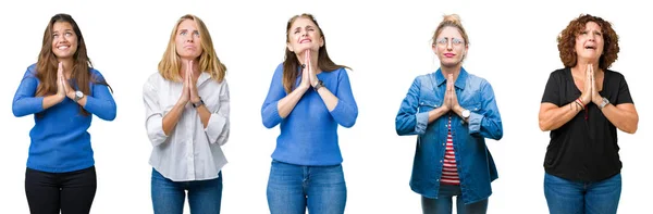 Colagem Grupo Mulheres Bonitas Sobre Fundo Isolado Branco Implorando Orando — Fotografia de Stock