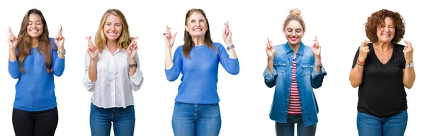 Collage Grupo Mujeres Hermosas Sobre Fondo Blanco Aislado Sonriendo Cruzando —  Fotos de Stock