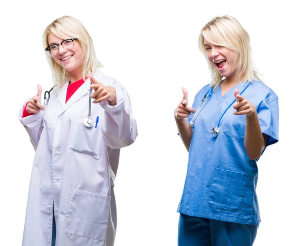 Collage Médico Enfermera Mujer Sobre Fondo Blanco Aislado Señalando Los —  Fotos de Stock