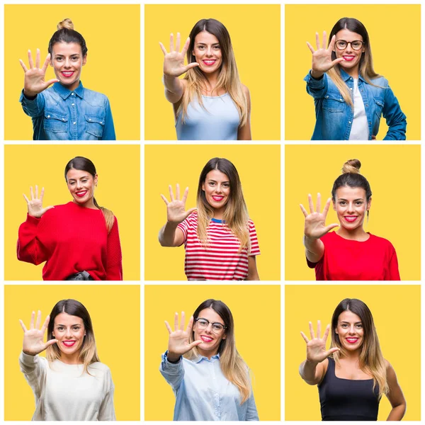 Colagem Jovem Bela Mulher Sobre Amarelo Isolado Fundo Mostrando Apontando — Fotografia de Stock