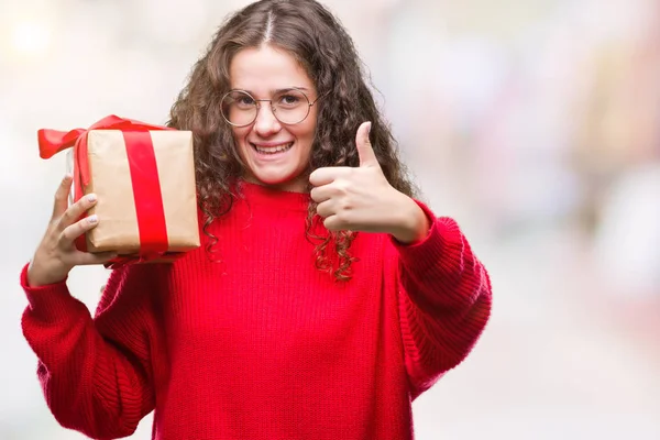Young Brunette Girl Holding Gift Isolated Background Happy Big Smile — Stock Photo, Image