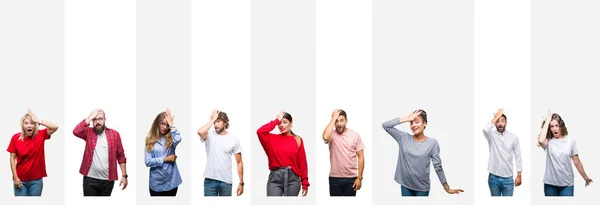 Collage Diferentes Etnias Jóvenes Sobre Rayas Blancas Fondo Aislado Sorprendido — Foto de Stock