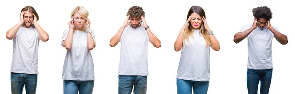 Collage Einer Gruppe Von Menschen Lässigem Weißem Shirt Vor Isoliertem — Stockfoto