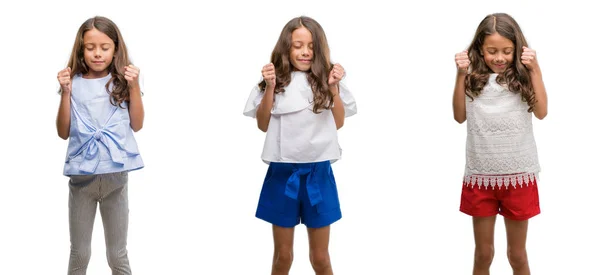 Collage Hispanic Young Child Isolated Background Excited Success Arms Raised — Stock Photo, Image