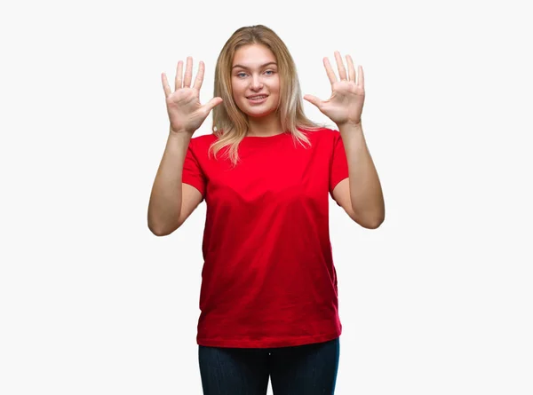 Joven Mujer Caucásica Sobre Fondo Aislado Mostrando Señalando Hacia Arriba — Foto de Stock