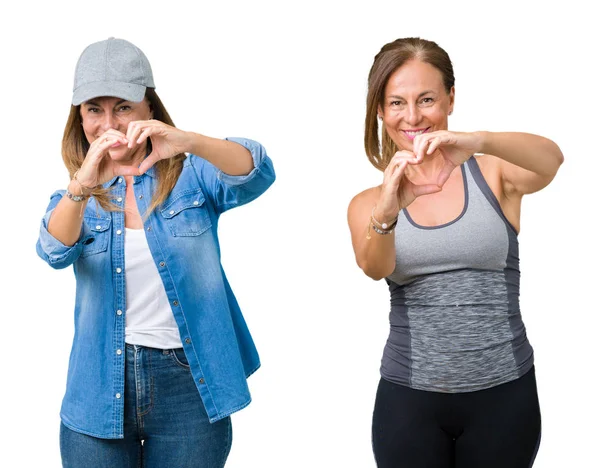 Collage Hermosa Mujer Mediana Edad Vistiendo Traje Deportivo Sobre Fondo —  Fotos de Stock