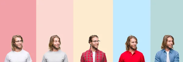 Collage Giovane Bell Uomo Strisce Colorate Sfondo Isolato Sorridente Guardando — Foto Stock