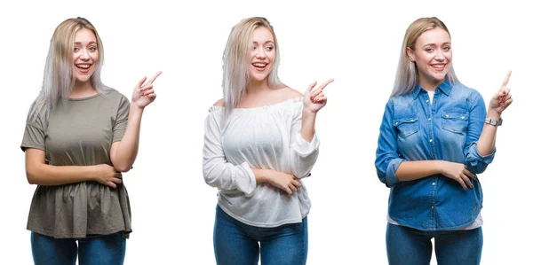 Collage Vacker Blond Ung Kvinna Över Isolerade Bakgrund Med Ett — Stockfoto