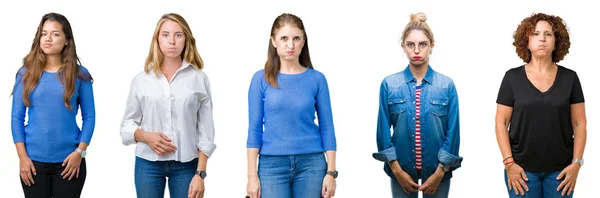 Collage Van Groep Van Mooie Vrouwen Witte Geïsoleerde Achtergrond Puffend — Stockfoto