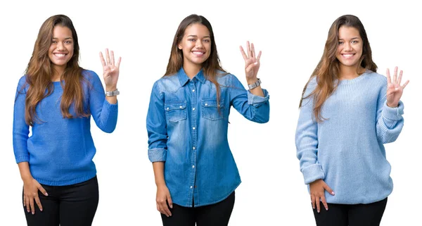 Collage Beautiful Young Woman Isolated Background Showing Pointing Fingers Number — Stock Photo, Image