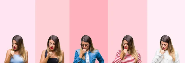 Collage Joven Hermosa Mujer Sobre Rayas Rosadas Aislado Fondo Sensación —  Fotos de Stock