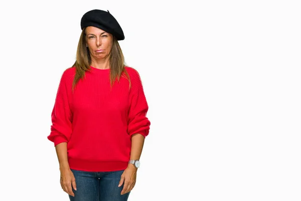 Middle Age Adult Woman Wearing Fashion Beret Isolated Background Skeptic — Stock Photo, Image